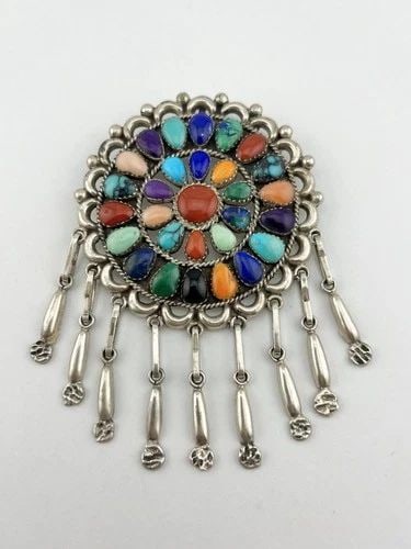 RARE PATSY WEEBOTHEE ZUNI STERLING SILVER MULTI GEMSTONE CLUSTER PIN PENDANT 4": RARE PATSY WEEBOTHEE ZUNI STERLING SILVER MULTI GEMSTONE CLUSTER PIN PENDANT 4" RARE Patsy Weebothee ZUNI Sterling Silver Multi Gemstone Cluster Dangle Pin Pendant 4" Size: 4" Tall With Dangles & 2 5/