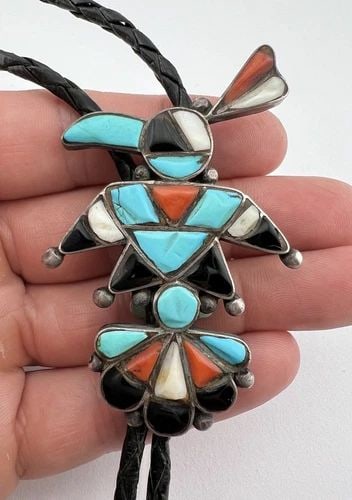1940S FRANK VACIT ZUNI STERLING SILVER MULTI GEMSTONE THUNDERBIRD BOLO TIE 2.75": 1940S FRANK VACIT ZUNI STERLING SILVER MULTI GEMSTONE THUNDERBIRD BOLO TIE 2.75" Early Old Pawn 1940's Zuni Sterling Silver Multi Gemstone Thunderbird Bolo Tie 2.75" Size: 2 3/4" Tall by 1 7/8" Wide W
