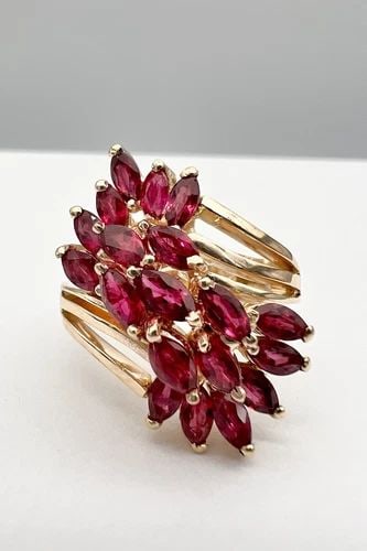 DESIGNER 14K YELLOW GOLD NATURAL MARQUISE CUT RUBY CLUSTER COCKTAIL RING (1 of 2)