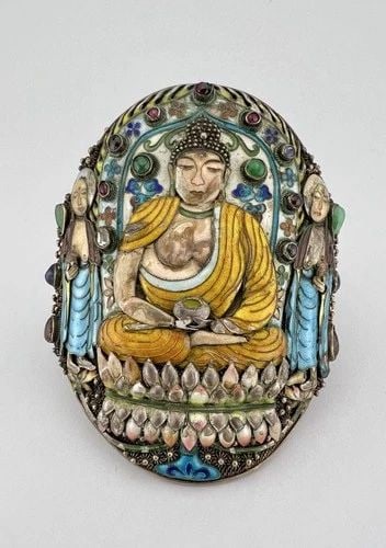OLD CHINESE EXPORT SILVER FLORAL ENAMEL GEMSTONE BUDHA GOD CUFF BRACELET 93.3G (1 of 2)
