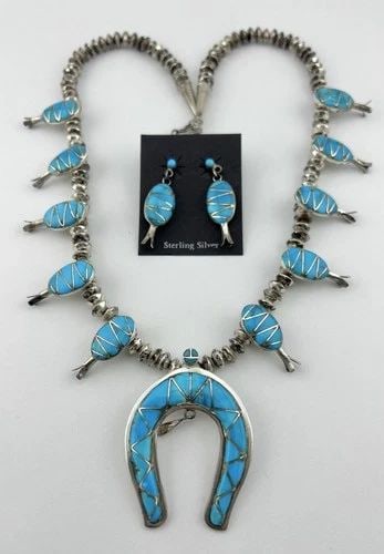 VTG NAVAJO STERLING SILVER FLUSH TURQUOISE SQUASH BLOSSOM NECKLACE EARRINGS SET (1 of 2)