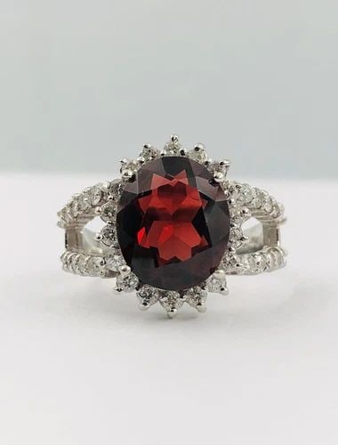 FINE 14K WHITE GOLD 5.00CT OVAL GARNET 1.20CT ROUND DIAMOND HALO RING (1 of 2)