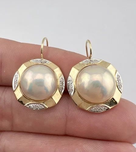 DESIGNER 14K YELLOW GOLD 13MM MABE PEARL & DIAMOND HALO HOOK BACK EARRINGS 8G (1 of 2)