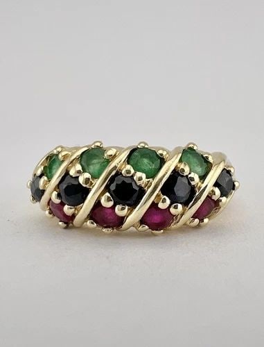 DESIGNER 14K YELLOW GOLD EMERALD & SAPPHIRE & RUBY CRISSCROSS RING (1 of 2)
