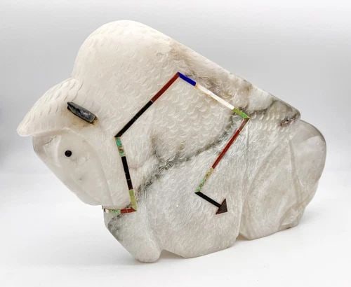 25LB ANDY ROBERTA ABEITA PUEBLO ISLETA ALABASTER FETISH CARVED BUFFALO BISON 14" (1 of 2)