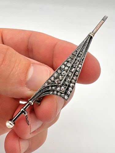 ANTIQUE VICTORIAN ROSE CUT DIAMONDS 14K YELLOW GOLD SWORD KNIFE UMBRELLA BROOCH (1 of 2)