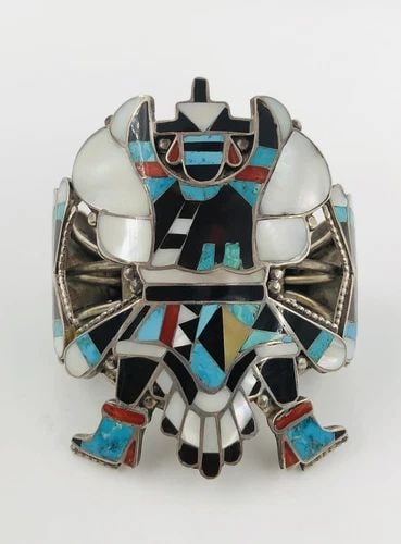MASSIVE 3.5" IMPORTANT ZUNI ANNALEE TEKALA KNIFEWING FLUSH INLAY CUFF BRACELET: MASSIVE 3.5" IMPORTANT ZUNI ANNALEE TEKALA KNIFEWING FLUSH INLAY CUFF BRACELET MASSIVE 3.5" IMPORTANT ZUNI ANNALEE TEKALA KNIFEWING FLUSH INLAY CUFF BRACELET Cuff is 5 1/2" tip to Tip and has a 1 1/4"