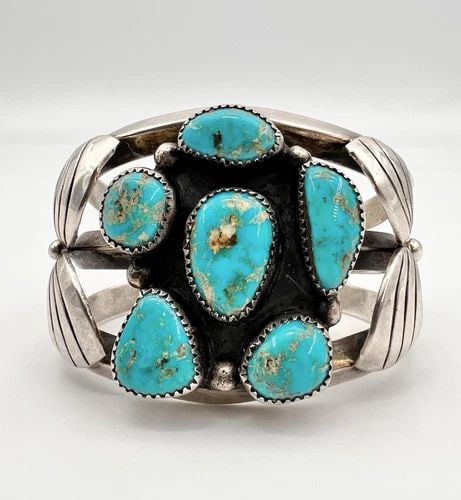 VINTAGE NAVAJO STERLING SILVER BLUE GEM TURQUOISE CARINATED CUFF BRACELET 94.8G (1 of 2)