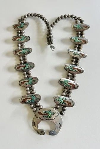 NAVAJO STERLING SILVER CHIP TURQUOISE CORAL PEYOTE BIRD SQUASH BLOSSOM NECKLACE (1 of 2)