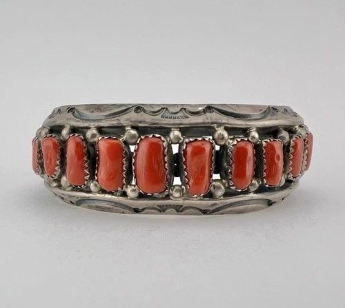 VTG PM NAVAJO STERLING SILVER MEDITERRANEAN CORAL STAMPED CUFF BRACELET 69.6G: VTG PM NAVAJO STERLING SILVER MEDITERRANEAN CORAL STAMPED CUFF BRACELET 69.6G Vtg PM Navajo Sterling Silver Mediterranean Red Coral Stamped Cuff Bracelet 69.6g Cuff is Just Under 5" tip to Tip and has