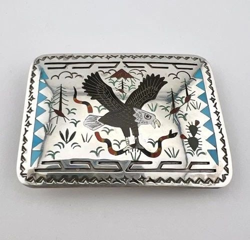 SAMMY & ESTHER GUARDIAN ZUNI FLUSH STONE INLAY SNAKE & EAGLE BELT BUCKLE 2.75" (1 of 2)