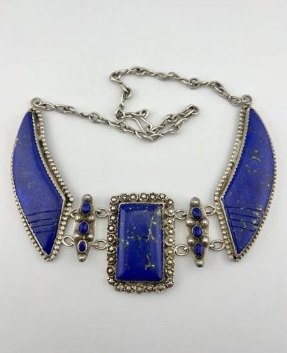 HUGE VTG NAVAJO STERLING SILVER LAPIS LAZULI STAMPED BIB COLLAR NECKLACE 167G (1 of 2)