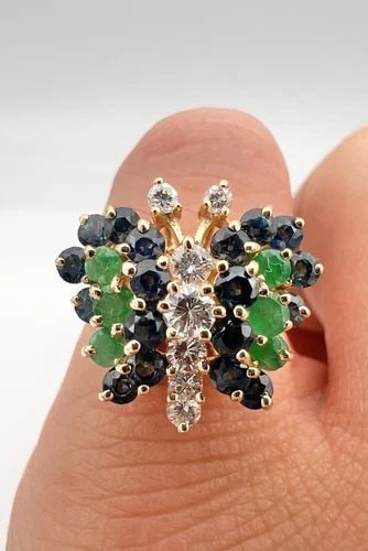 DESIGNER 14K YELLOW GOLD NATURAL 1.75TCW DIAMOND SAPPHIRE EMERALD BUTTERFLY RING (1 of 2)
