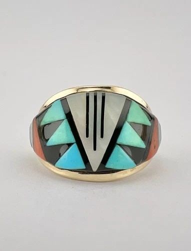 VTG DON & VIOLA ERIACHO ZUNI 14K YELLOW GOLD MULTI GEMSTONE FLUSH WOMEN'S RING: VTG DON & VIOLA ERIACHO ZUNI 14K YELLOW GOLD MULTI GEMSTONE FLUSH WOMEN'S RING Vtg Don & Viola Eriacho Zuni 14k Yellow Gold Multi Gemstone Flush Women's Ring Ring Size: 9 - Can be Resized Weight is 5.
