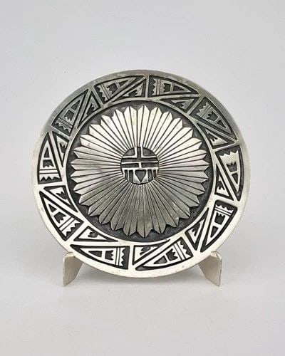 RARE VTG NAVAJO STERLING SILVER DETAILED SUNFACE OVERLAY 3 1/8" PLATE & STAND #1 (1 of 2)