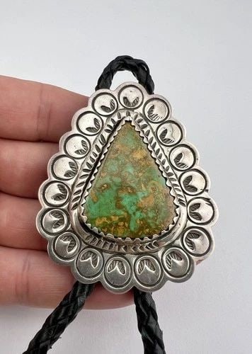 VTG NAVAJO STERLING SILVER KING’S MANASSA TURQUOISE STAMPED BOLO TIE 2 6/8" -66G (1 of 2)