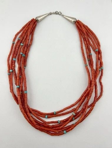 NAVAJO STERLING SILVER NATURAL RED CORAL TURQUOISE HEISHI TUBE 7 STRAND NECKLACE: NAVAJO STERLING SILVER NATURAL RED CORAL TURQUOISE HEISHI TUBE 7 STRAND NECKLACE Navajo Sterling Silver Natural Red Ox Blood Coral & Turquoise Heishi Tube Bead 7 Strand Necklace Size: 20.5" Long Tip T