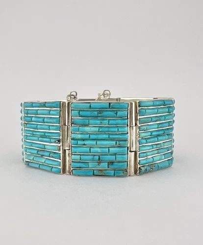 VTG NAVAJO STERLING SILVER 10 ROW ROLLED HAND CUT TURQUOISE HEISHI LINK BRACELET (1 of 2)