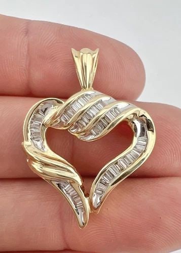DESIGNER 14K YELLOW GOLD .50TCW BAGUETTE DIAMOND HEART CLUSTER LOVE PENDANT (1 of 2)