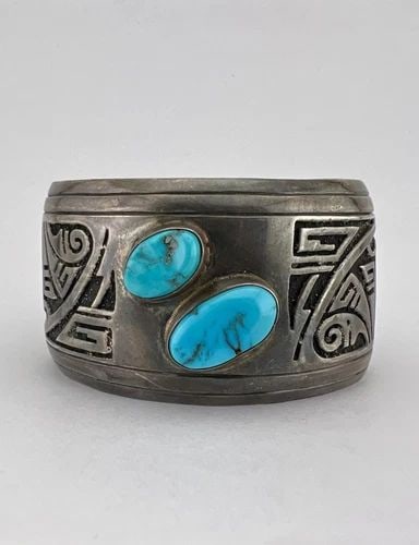 VTG MARK YAZZIE NAVAJO STERLING SLEEPING BEAUTY TURQUOISE OVERLAY CUFF BRACELET (1 of 2)