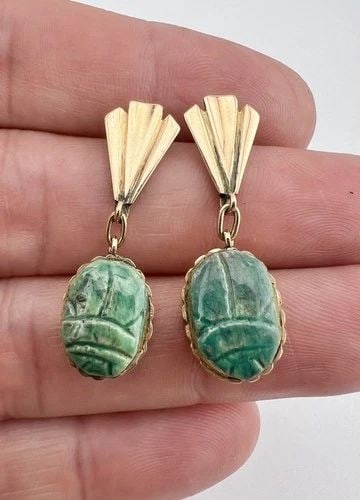 ANTIQUE 14K ROSE GOLD EGYPTIAN REVIVAL MOLDED GLASS SCARAB BEETLE POST EARRINGS (1 of 2)