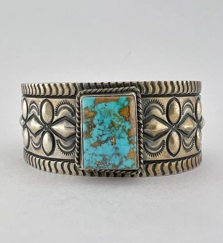 DARRYL BECENTI NAVAJO STERLING SILVER ROYSTON TURQUOISE STAMPED CUFF BRACELET (1 of 2)