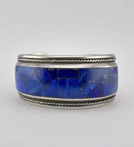 OLD DJ NAVAJO STERLING SILVER FLUSH LAPIS LAZULI COBBLESTONE CUFF BRACELET 63.5G (1 of 2)
