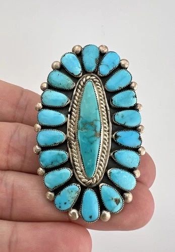 HUGE VINTAGE ONDELACY WEEBOTHEE ZUNI LONE MOUNTAIN TURQUOISE CLUSTER RING 2.25": HUGE VINTAGE ONDELACY WEEBOTHEE ZUNI LONE MOUNTAIN TURQUOISE CLUSTER RING 2.25" HUGE Vintage Ondelacy Weebothee Zuni Lone Mountain Turquoise Cluster Ring 2.25" Ring Size: Just Under 11 - Can Be re Siz