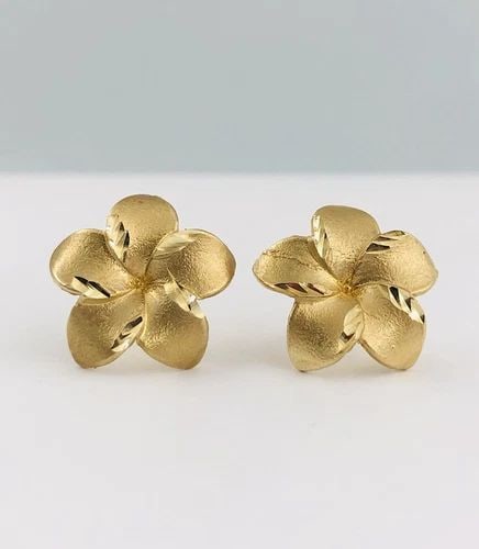 DESIGNER 18MM 14K YELLOW GOLD HAWAIIAN FANCY PLUMERIA FLOWER STUD POST EARRINGS: DESIGNER 18MM 14K YELLOW GOLD HAWAIIAN FANCY PLUMERIA FLOWER STUD POST EARRINGS Designer 18MM 14K Yellow Gold HAWAIIAN FANCY PLUMERIA FLOWER Stud Post EARRINGS Size: 18mm Wide Metal: 14k Yellow Gold W