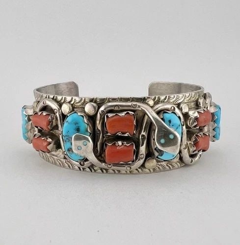 VTG ZUNI STERLING SILVER TURQUOISE CORAL STAMPED DOUBLE SNAKE CUFF BRACELET 89G: VTG ZUNI STERLING SILVER TURQUOISE CORAL STAMPED DOUBLE SNAKE CUFF BRACELET 89G Vtg Zuni Sterling Silver Turquoise Coral Stamped Double Snake Cuff Bracelet 89g Cuff is 6" tip to Tip and has a 1 1/4" W