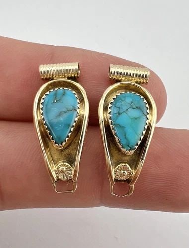 VTG KEVIN LEE BARNHI NAVAJO 14K YELLOW GOLD TURQUOISE WOMEN'S WATCH TIPS 5.7G: VTG KEVIN LEE BARNHI NAVAJO 14K YELLOW GOLD TURQUOISE WOMEN'S WATCH TIPS 5.7G Vtg Kevin Lee Barnhi Navajo 14k Yellow Gold Turquoise Women's Watch Tips 5.7g Size: Over 1" Tall by Just Under 1/2" Wide W