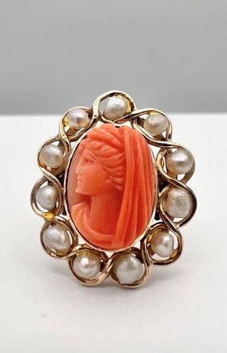 ANTIQUE VICTORIAN ETRUSCAN 14K ROSE GOLD CARVED ANGEL SKIN CAMEO SEED PEARL RING: ANTIQUE VICTORIAN ETRUSCAN 14K ROSE GOLD CARVED ANGEL SKIN CAMEO SEED PEARL RING Antique Victorian Etruscan 14k Rose Gold Carved Angel Skin Cameo Seed Pearl Ring Ring Size: 5.5 - Can Be Resized Metal: