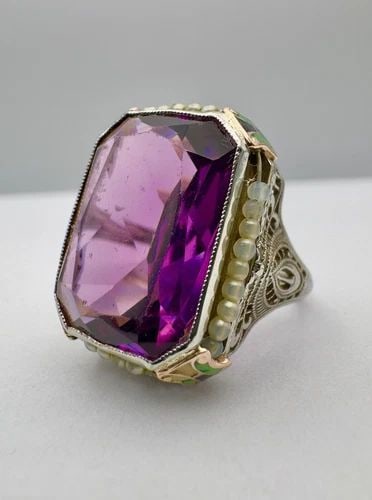 ART DECO 10K WHITE GOLD RECTANGLE CUT AMETHYST & SEED PEARL ENAMEL FILIGREE RING: ART DECO 10K WHITE GOLD RECTANGLE CUT AMETHYST & SEED PEARL ENAMEL FILIGREE RING Art Deco 10K White Gold Rectangle Cut Amethyst & Seed Pearl Enamel Filigree Ring Size: 5.25 - Can Be Sized Without Dama