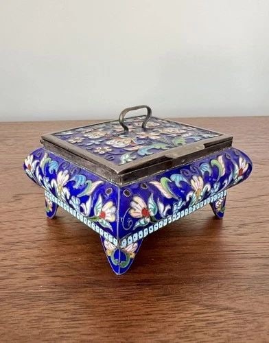 ANTIQUE 19TH C RUSSIAN SOLID 84 SILVER MULTI COLOR ENAMEL FLORAL LIDDED BOX 114G (1 of 2)