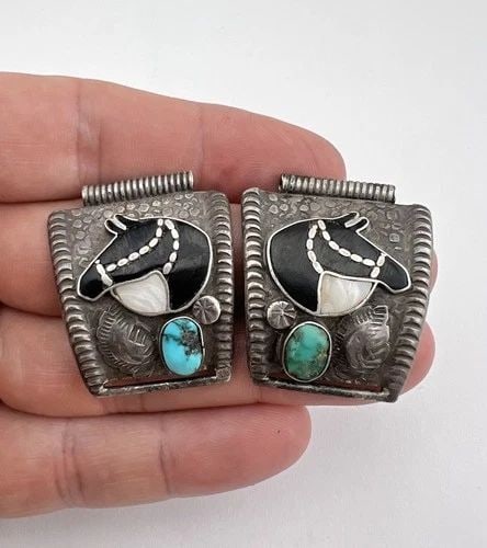 EARLY DAN SIMPLICIO ZUNI STERLING SILVER MULTI GEM FLUSH HORSE MEN'S WATCH TIPS (1 of 2)
