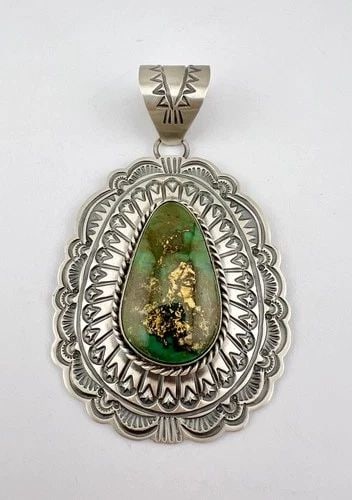 3.5" ARNOLD BLACKGOAT NAVAJO STERLING SILVER ROYSTON TURQUOISE STAMPED PENDANT: 3.5" ARNOLD BLACKGOAT NAVAJO STERLING SILVER ROYSTON TURQUOISE STAMPED PENDANT HUGE 3.5" Arnold Blackgoat Navajo Sterling Silver Royston Turquoise Stamped Pendant Size: 3 1/2" Tall With bail by 2 1/8"