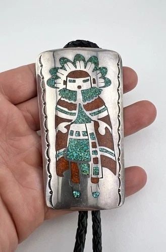 EARLY NAVAJO STERLING SILVER TURQUOISE CORAL CHIP INLAY KACHINA BOLO TIE 3 5/8" (1 of 2)
