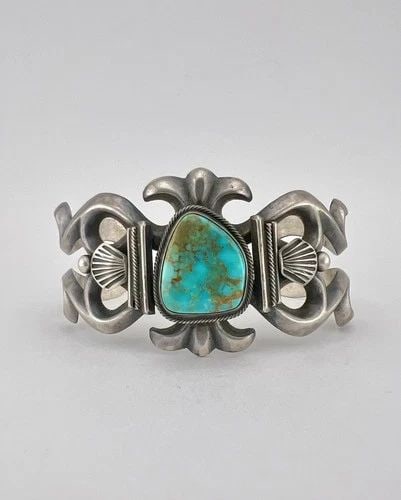 HARRY MORGAN NAVAJO STERLING SILVER SANDCAST ROYSTON TURQUOISE CUFF BRACELET (1 of 2)
