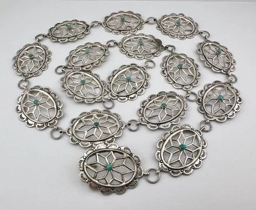 VTG NAVAJO SANDCAST STERLING SILVER STAMPED TURQUOISE CONCHO LINK BELT 36"- 110G: VTG NAVAJO SANDCAST STERLING SILVER STAMPED TURQUOISE CONCHO LINK BELT 36"- 110G Vtg Navajo Sandcast Sterling Silver Stamped Turquoise Concho Link Belt 36"- 110g Belt Size: Around 36" - Tip To Tip - A