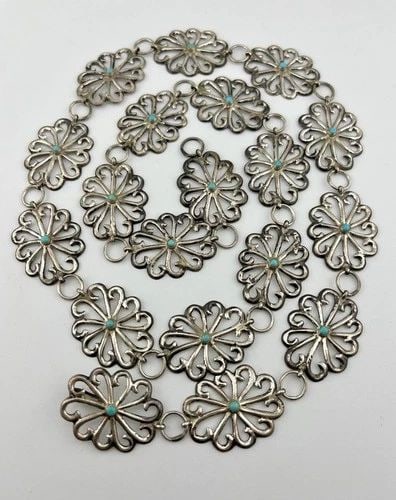 VTG NAVAJO SANDCAST STERLING SILVER TURQUOISE OVAL CONCHO LINK BELT 35" - 98.5G: VTG NAVAJO SANDCAST STERLING SILVER TURQUOISE OVAL CONCHO LINK BELT 35" - 98.5G Vtg Navajo Sandcast Sterling Silver Turquoise Oval Concho Link Belt 35" - 98.5g Belt Size: 35" - Tip To Tip - Adjustable
