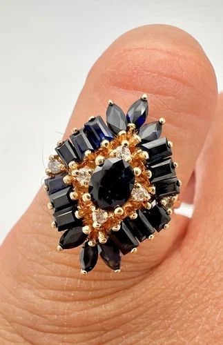 DESIGNER 14K YELLOW GOLD MARQUISE & BAGUETTE SAPPHIRE & DIAMOND CLUSTER RING: DESIGNER 14K YELLOW GOLD MARQUISE & BAGUETTE SAPPHIRE & DIAMOND CLUSTER RING Designer 14K Yellow Gold Marquise & Baguette Sapphire & Diamond Cluster Ring Size: 7.25 - Can be Resized With Out Damage We
