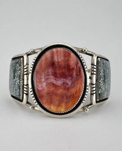 NAVAJO STERLING SILVER LANDER BLUE TURQUOISE & SPINY OYSTER CUFF BRACELET 74.3G (1 of 2)