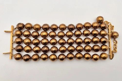 AUTHENTIC CHANEL FRANCE GOLD TONE FIVE ROW 2 5/8" WIDE BALL BRACELET (1 of 2)