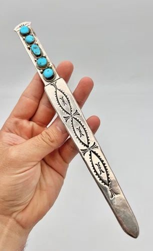 HENRY YAZZIE NAVAJO STAMPED SLEEPING BEAUTY TURQUOISE LETTER OPENER KNIFE 10" (1 of 2)