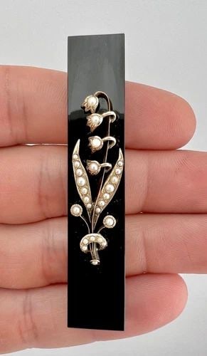 ANTIQUE VICTORIAN MOURNING 14K ROSE GOLD SEED PEARL ONYX WHEAT PIN BROOCH 2 5/8" (1 of 2)