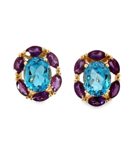 14K YELLOW GOLD FACETED SWISS BLUE TOPAZ & AMETHYST OMEGA BACK POST EARRINGS: 14K YELLOW GOLD FACETED SWISS BLUE TOPAZ & AMETHYST OMEGA BACK POST EARRINGS 14K Yellow Gold Faceted Swiss Blue Topaz & Amethyst Omega Back Post Earrings Total Gemstone Weight is Around 8.80tcw Size: 