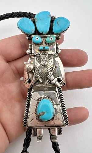 VTG VERDY JAKE NAVAJO STERLING SILVER TURQUOISE KACHINA DANCER BOLO TIE 4 3/8" (1 of 2)