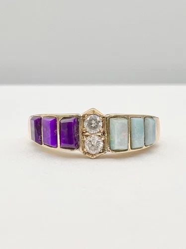 VTG NAVAJO 14K YELLOW GOLD NATURAL FIRE OPAL & SUGILITE & DIAMOND 3D INLAY RING (1 of 2)