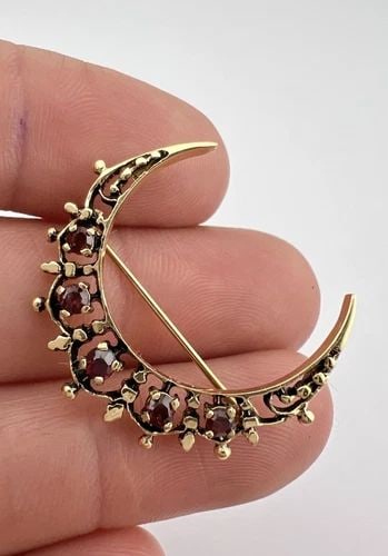 ANTIQUE VICTORIAN 14K YELLOW GOLD GARNET CRESCENT MOON PIN BROOCH 4G (1 of 2)