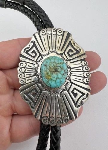 TOMMY TOM BILLY NAVAJO STERLING SILVER INDIAN MOUNTAIN TURQUOISE BOLO TIE 2.75" (1 of 2)